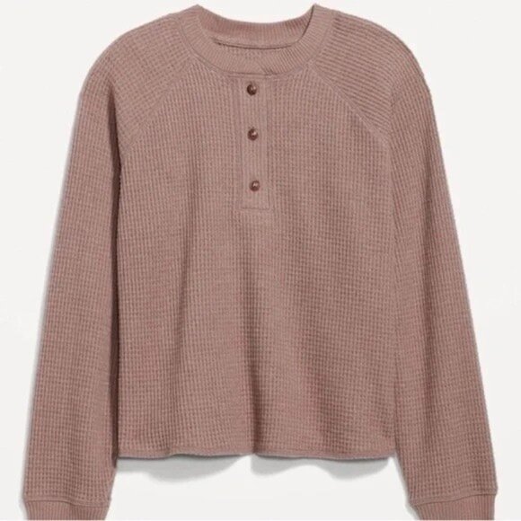 Old Navy Mushroom Brown Henley Thermal Waffle Cropped Shirt Womens Medium - Picture 9 of 11